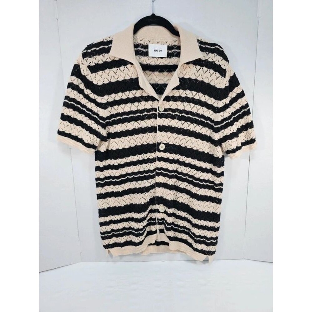 NN07 Henry SS 6635 Open-Collar Stripe Pointelle Organic Cotton Sweater L